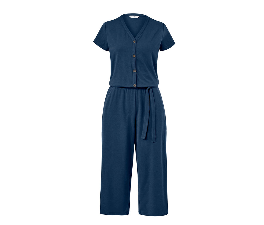Dunkelblauer Jumpsuit mit kurzen Ärmeln, Knöpfen und Gürtel.