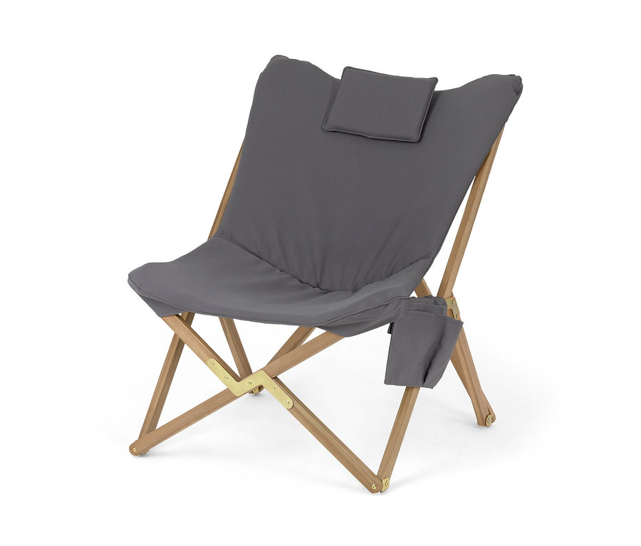 Grauer faltbarer Schmetterlingsessel mit Seitentasche und Kopfstützenkissen.