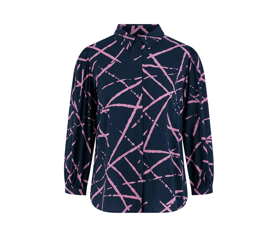 Marineblaue Hemdbluse mit rosafarbenem geometrischen Muster.