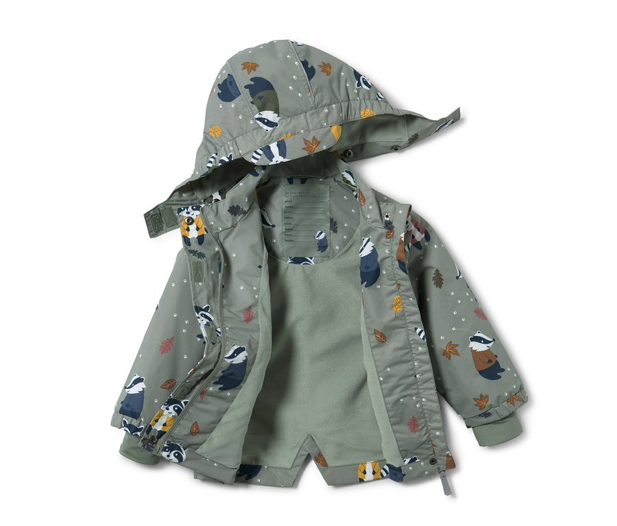 Geöffnete Thermo-Regenjacke mit Dachsprint auf hellgrünem Grund.