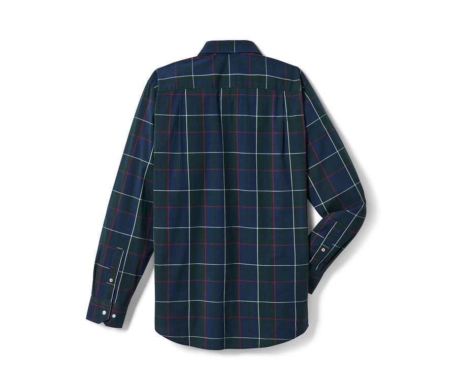 Detailansicht der Rückseite eines Hemdes mit Karomuster in Dunkelblau-, Grün- und Rottönen.