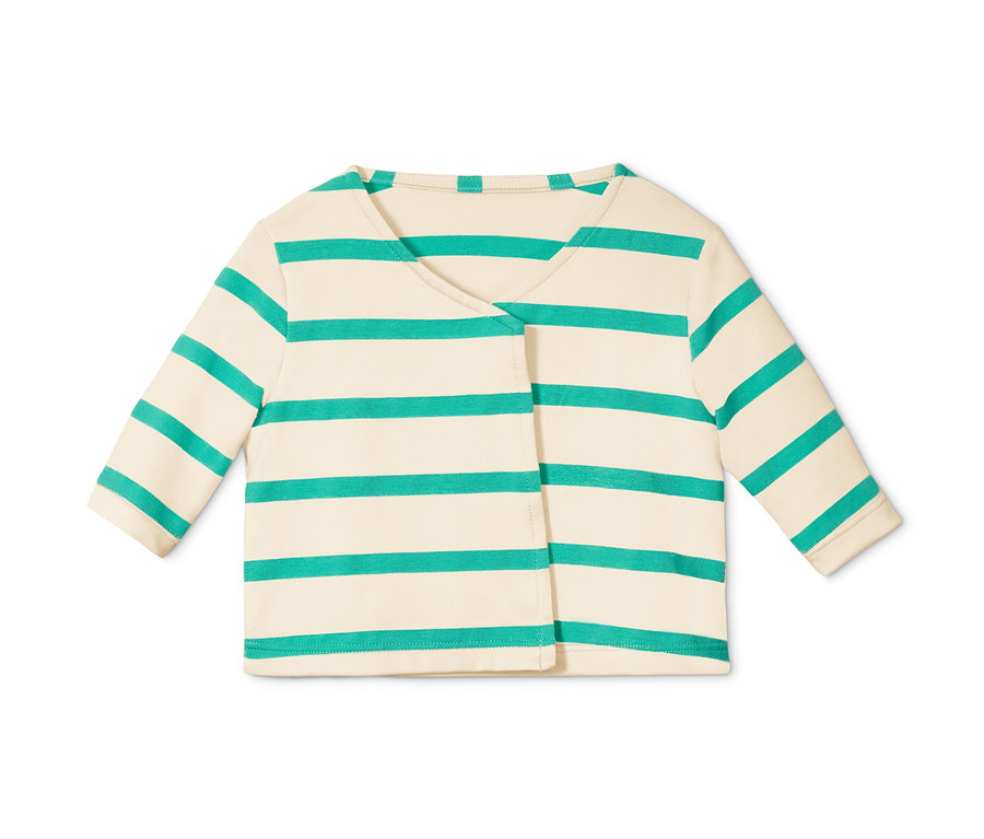 Baby Baumwoll-Wickeljacke mit türkisfarbenen Streifen.