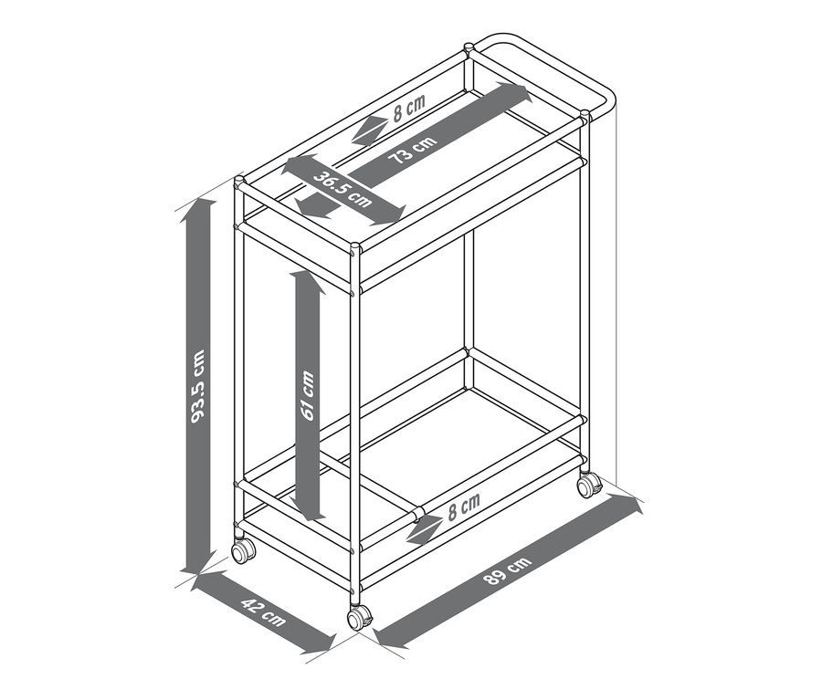 Abbildung eines Servierwagens Metall »CN3« mit 2 Ebenen und ausgewiesenen Maßen.