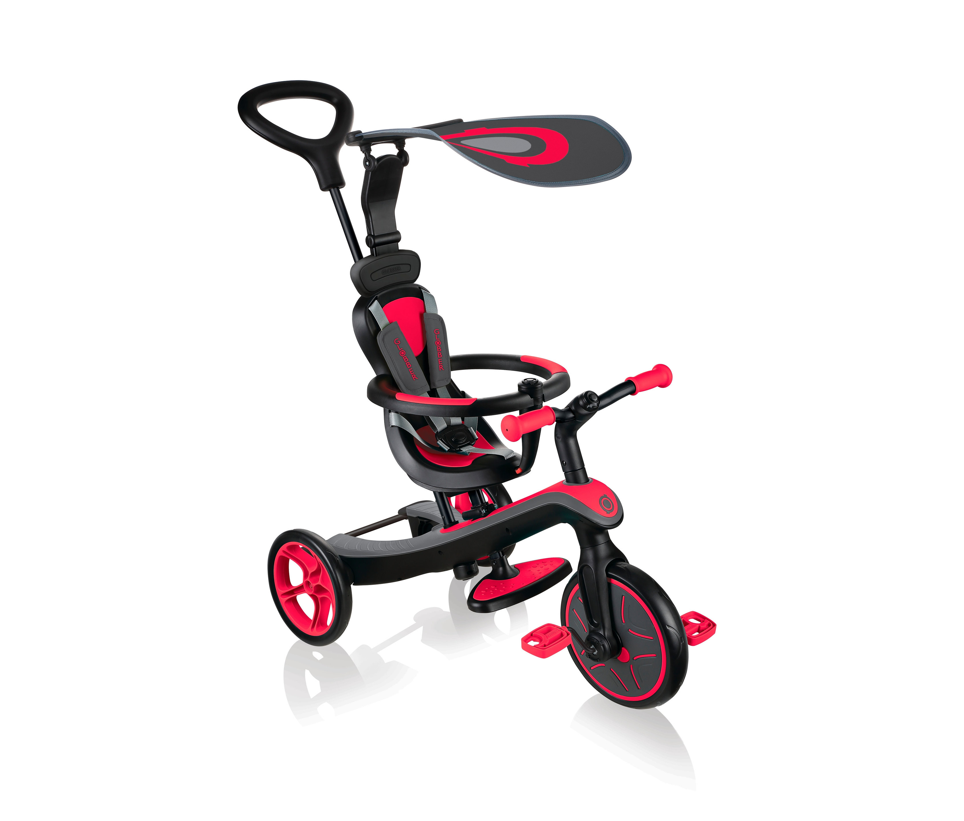 Rotes GLOBBER Dreirad »Explorer 4 in 1« mit schwarzen Details und Sonnenschutz.