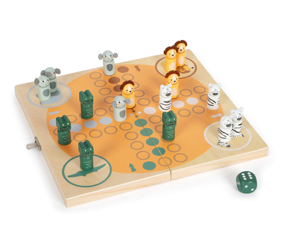 Spielbrett des small foot Ludo »Safari« Spiels mit Tierfiguren und Würfel.