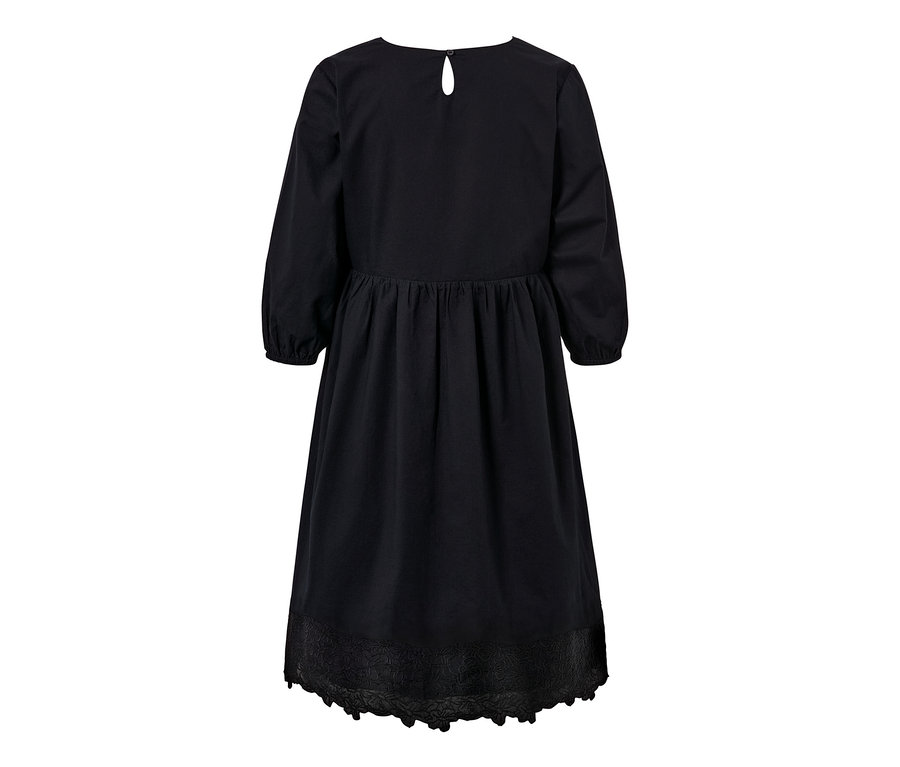 Schwarzes Webkleid mit Stickerei von hinten.