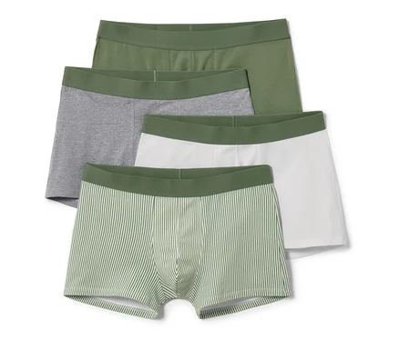 Vier Slipboxer in Olive, Grau, Weiß und gestreift.