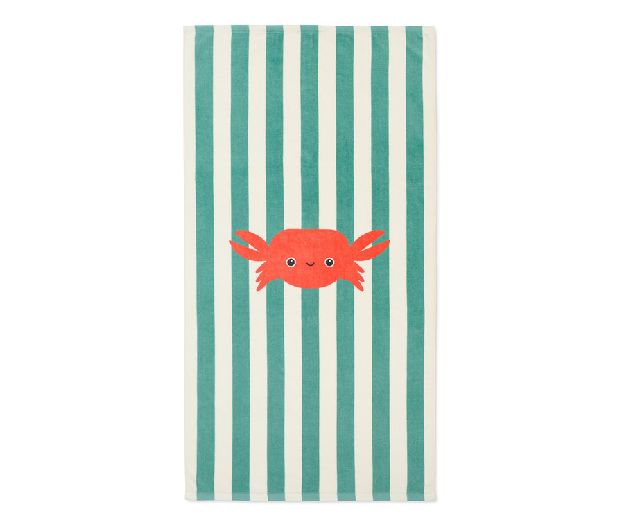 Gestreiftes Badetuch mit Krabben-Motiv.