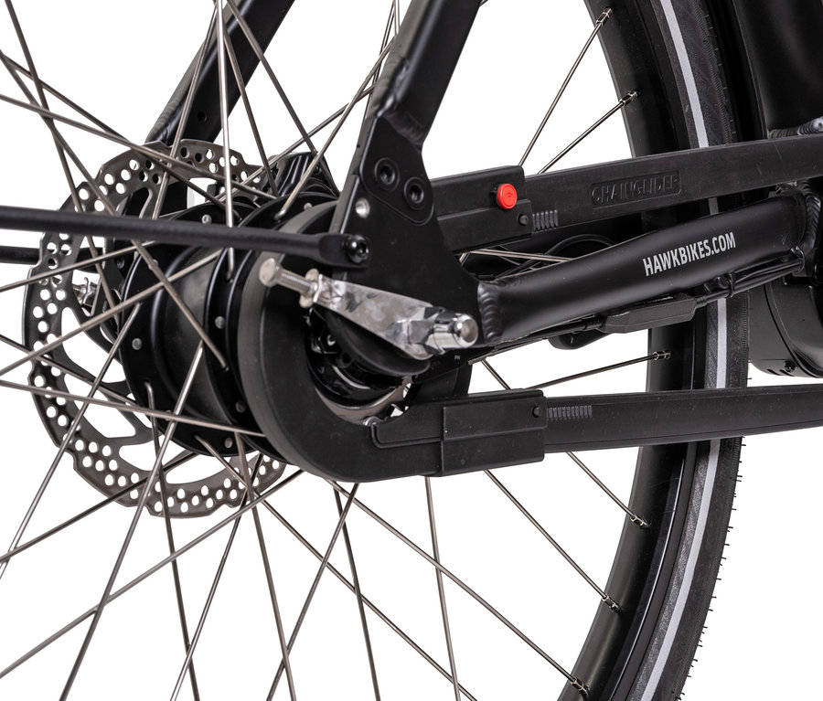 Detailaufnahme vom Hinterrad eines HAWK Bikes Lastenrad E-Cargo 3.2 Bafang.