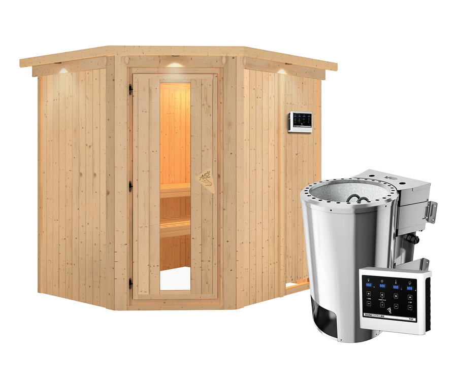 Eine Karibu Energiesparsauna »Teco«, BIO aus Holz und ein silberner Saunaofen mit Bedienfeld.