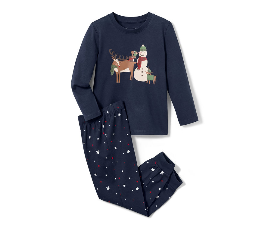 Dunkelblauer Kleinkind-Jersey-Pyjama mit Rentier-, Schneemann- und Sternenmuster.