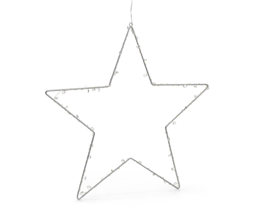 Ein großer LED-Stern für den Außenbereich mit silbernem Rahmen und klaren Lichtern.