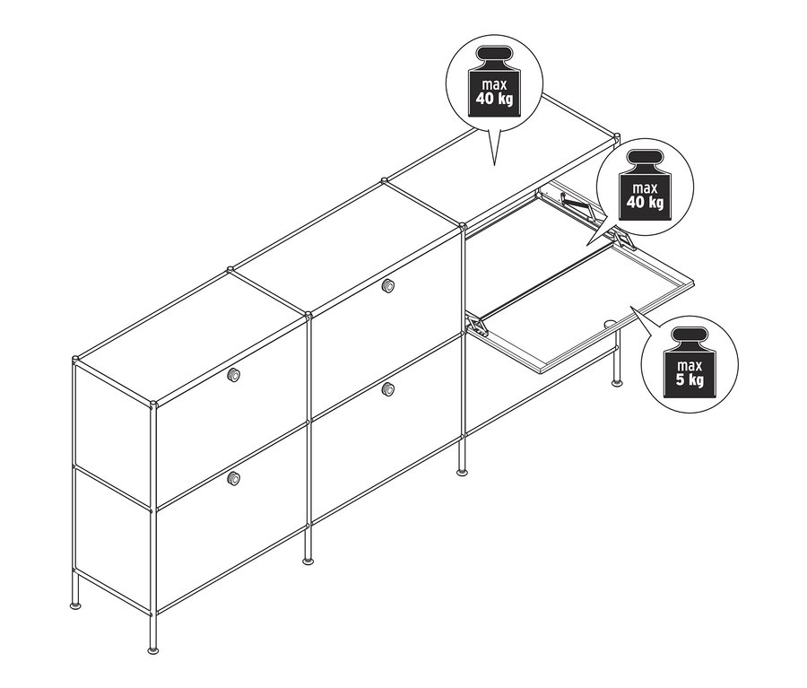Skizze eines Sideboards »CN3« mit 6 Klappen, einige davon sind geöffnet.