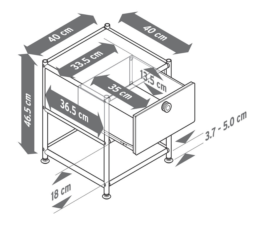 Skizze von einem Beistelltisch mit Schublade Metall »CN3« mit Abmessungen.