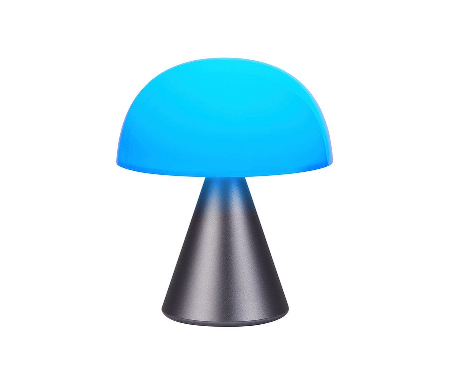 Blaue LED-Lampe auf grauem Sockel. LEXON LED-Akku-Tischleuchte »Mina M«, anthrazit.