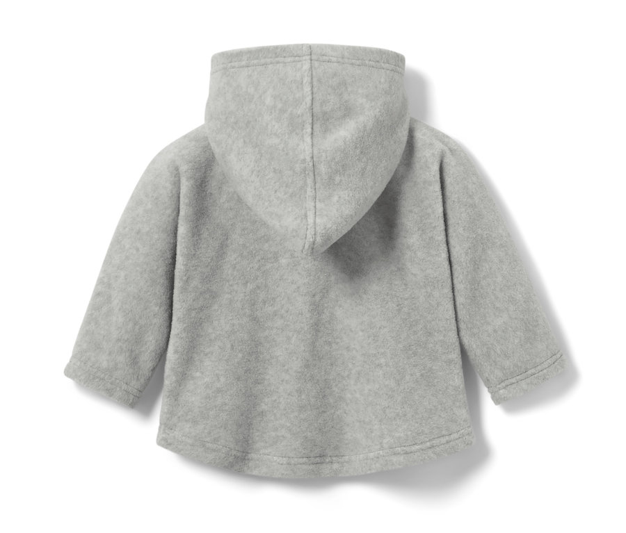 Rückansicht einer grauen Baby-Fleecejacke mit Kapuze.