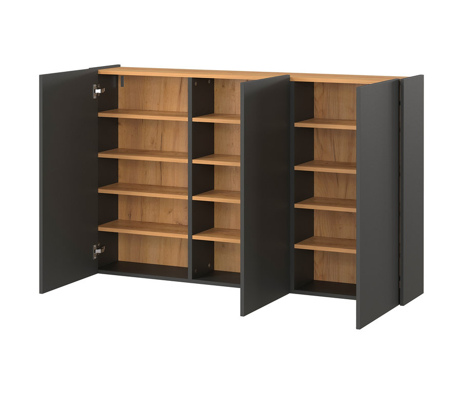 Geöffneter Mehrzweckschrank »Libbiano« in Graphit und Eiche mit Einlegeböden.