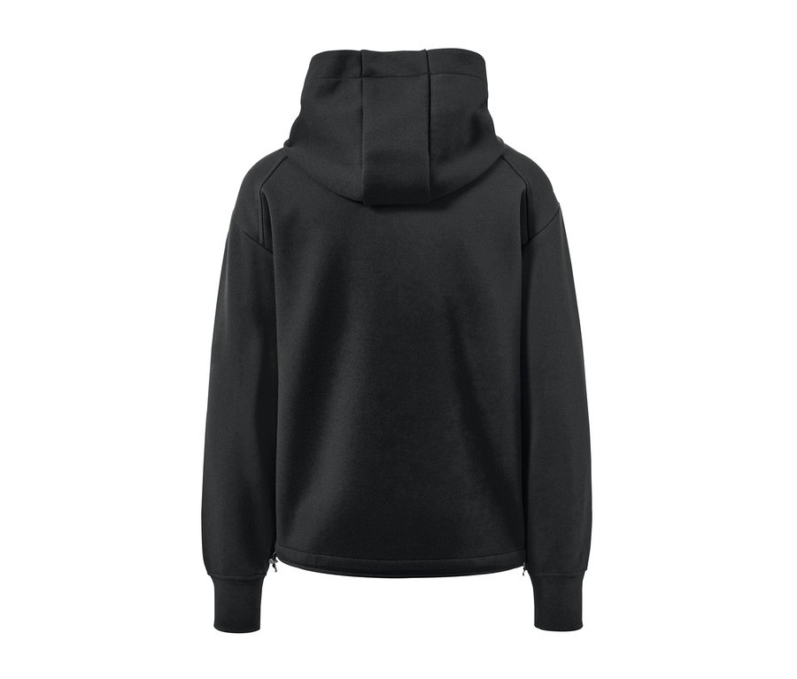 Schwarze Kapuzen-Sweatjacke von hinten.