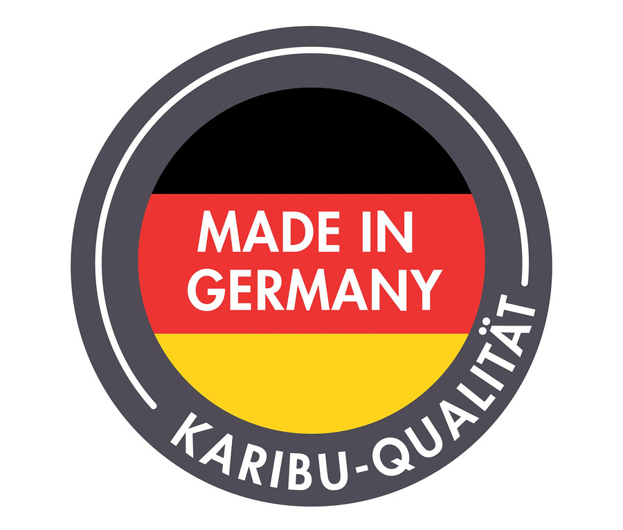 Rundes Logo mit deutscher Flagge, Text "MADE IN GERMANY" und "KARIBU-QUALITÄT".