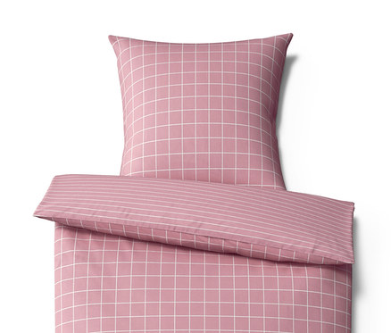 Rosa Flanell-Bettwäsche in Normalgröße mit weißem Gittermuster und eine Flanell-Bettwäsche in Übergröße.