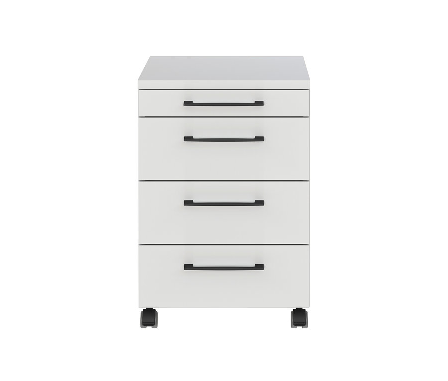 Ein hellgrauer Rollcontainer »Profi« mit vier Schubladen und schwarzen Griffen.