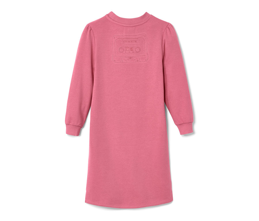 Rosa Kinder-Sweatkleid mit langen Ärmeln und Kassettenmotiv auf der Rückseite.