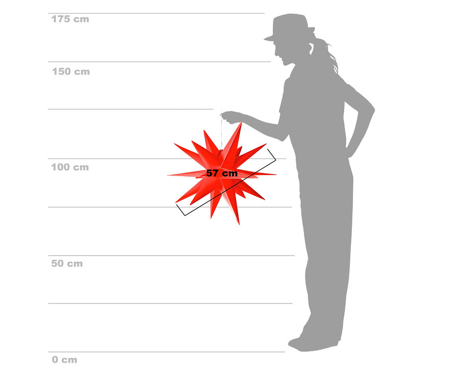 Silhouette einer Frau, die einen roten AMARE LED-3D-Außenstern mit 57 cm Durchmesser hält.