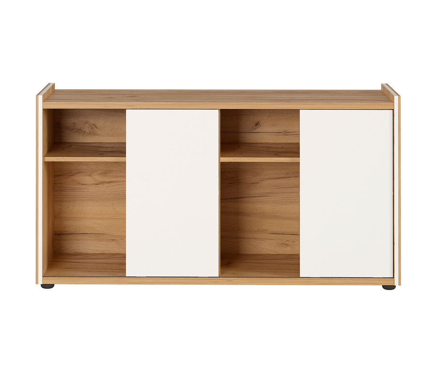 Ein braunes und weißes Sideboard »Indianapolis« mit zwei Regalen.