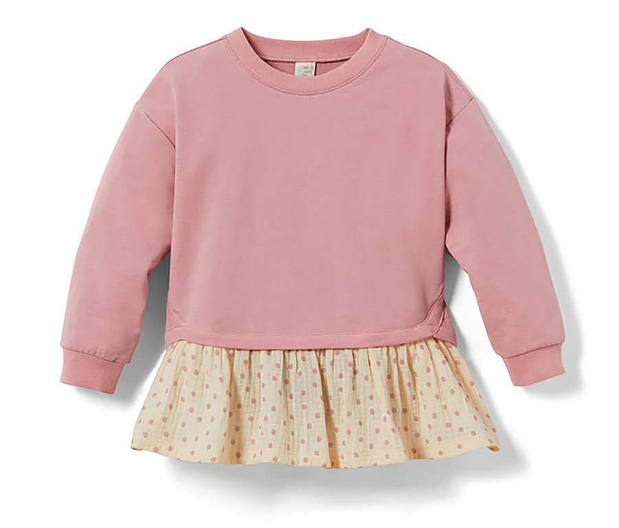 Rosa Kinder-Sweatshirt mit langen Ärmeln und Rüschen mit Punktmuster.