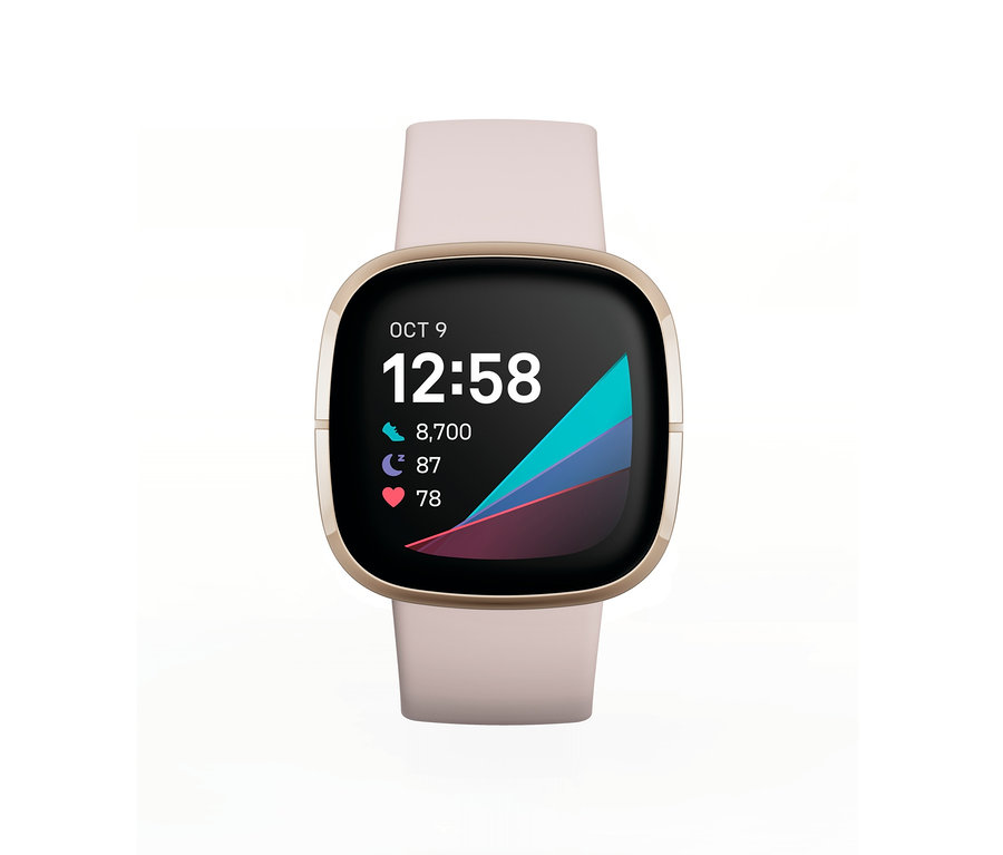 Detailansicht einer Smartwatch, die 12:58, das Datum 9. Oktober und Aktivitätsstatistiken anzeigt.