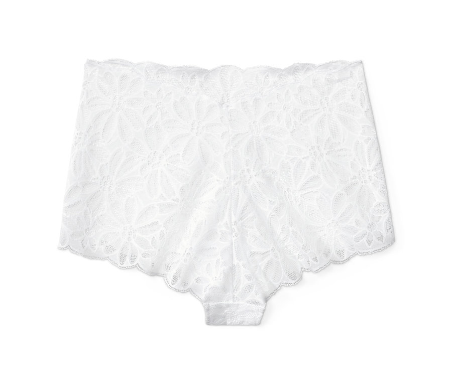 Eine weiße Spitzen-Panty auf einem weißen Hintergrund.