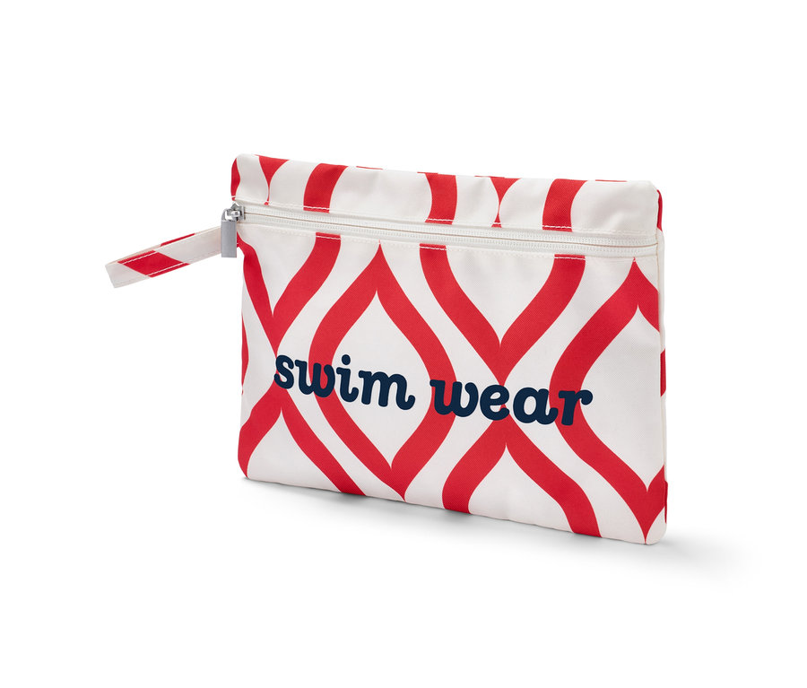 Weiße Bikinitasche mit rotem Muster und dem Schriftzug "swim wear".