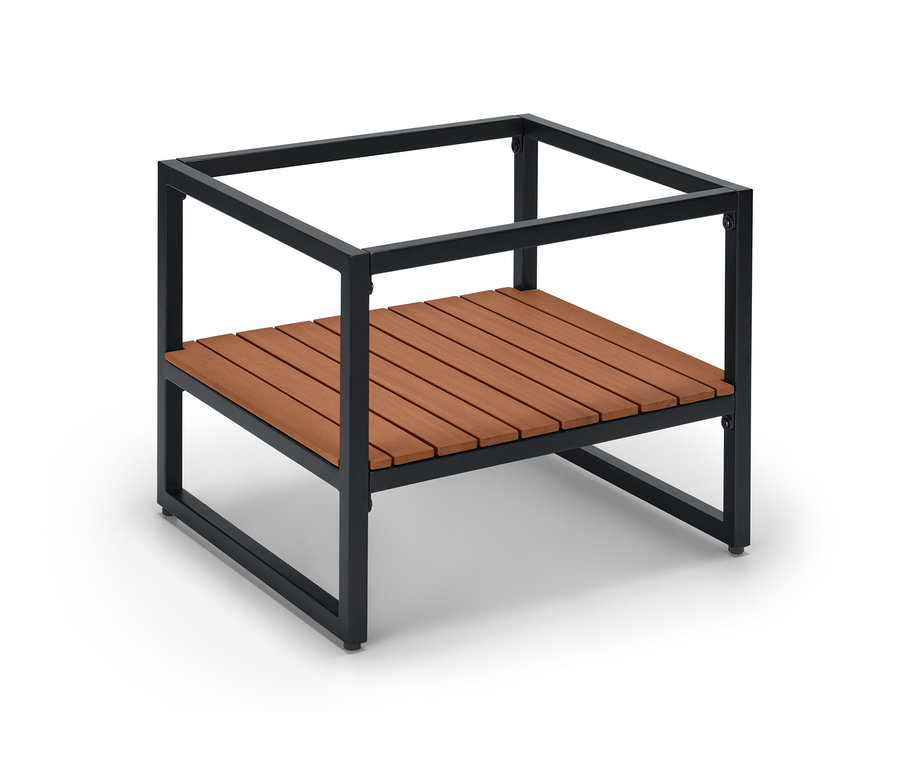 Schwarzer Couchtisch mit abnehmbarer Tablett-Tischplatte.