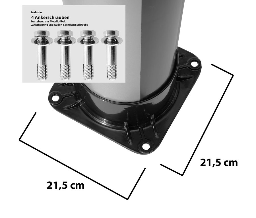 Schwarze Basis der Solardusche mit Abmessungen von 21,5 cm und Abbildung von vier Ankerschrauben.