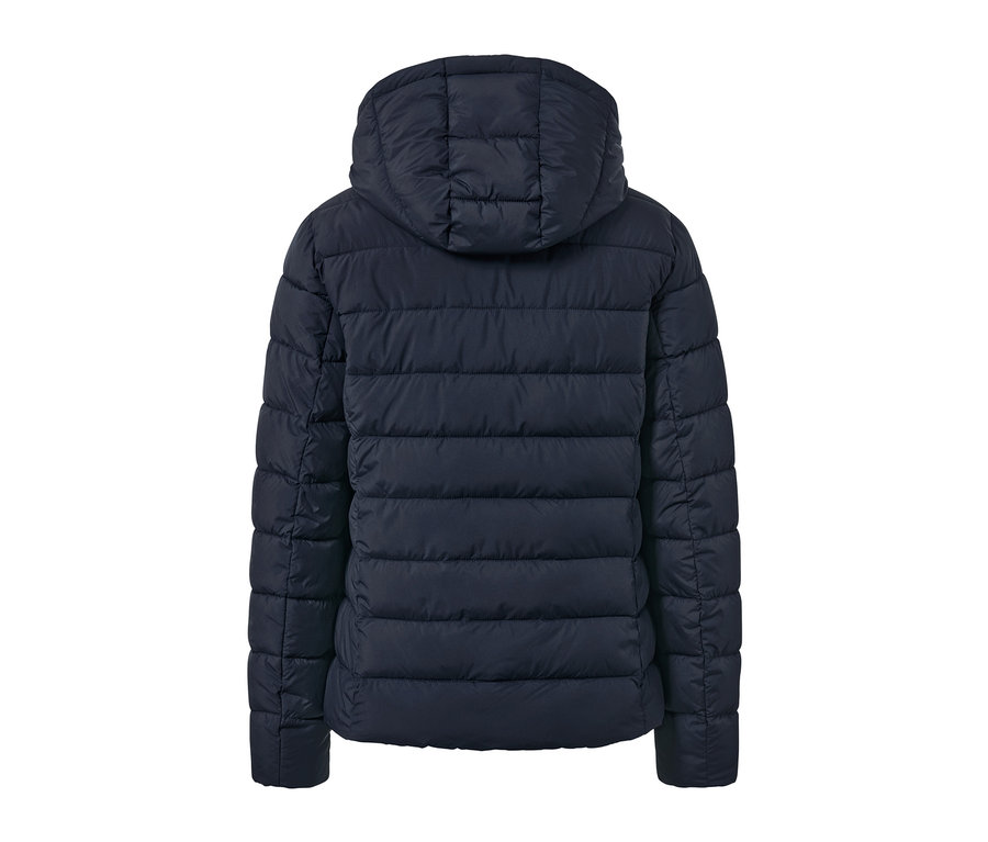 Detailansicht der Rückseite einer dunkelblauen Steppjacke mit Kapuze.