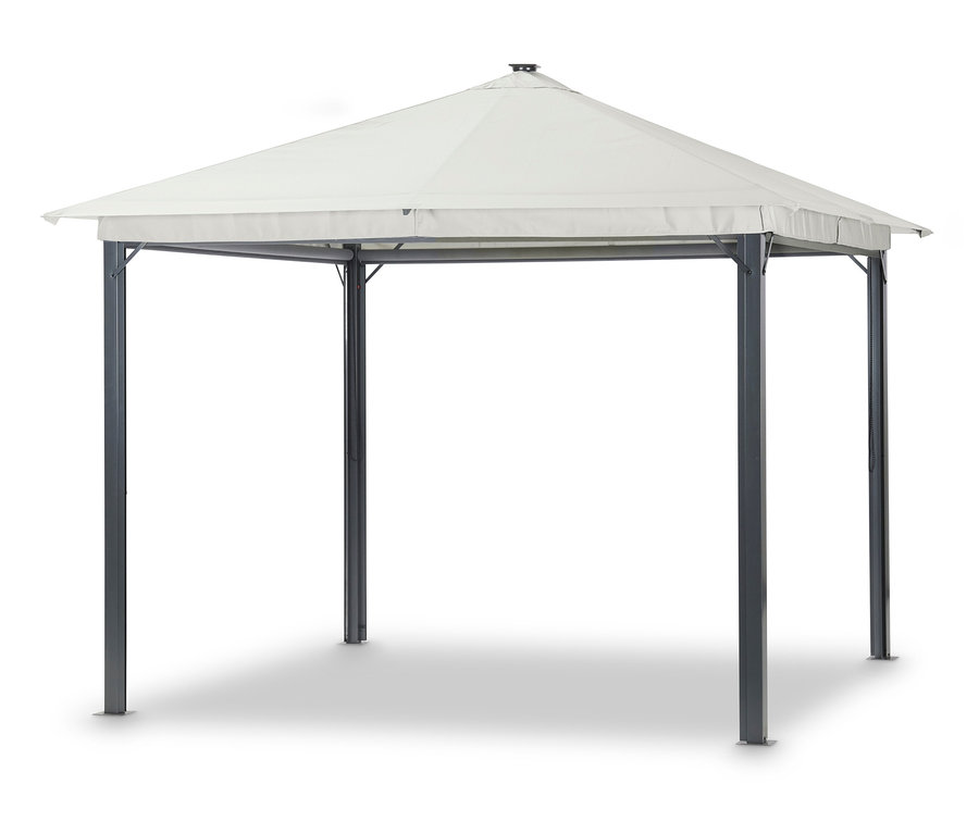 Ein Leco Solarpavillon, ca. 300 x 300 cm, mit einem weißen Dach und dunklen Säulen.
