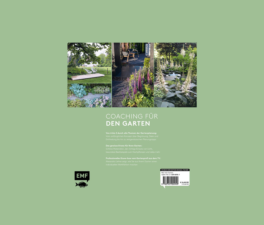 Collage von Gartengestaltungen: Sitzbereich, Blumen, Wege und Detail des Buchs "Der A bis Z Gartencoach".