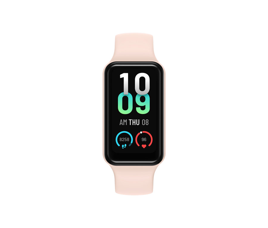 Nahaufnahme des Amazfit Band 7 Aktivitätstrackers in Pink, der die Uhrzeit 10:09 anzeigt.