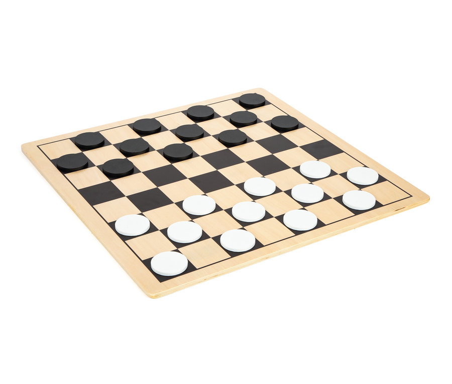 Schachbrett mit schwarzen und weißen Spielsteinen des small foot »Schach und Dame XL«.