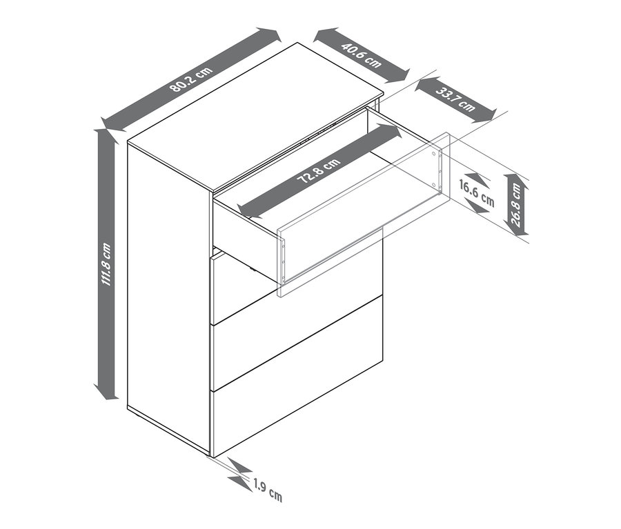 Schema einer Kommode mit Schubladen und markierten Abmessungen.