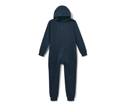 Dunkelblauer Kinder-Lounge-Overall mit Kapuze und Reissverschluss.
