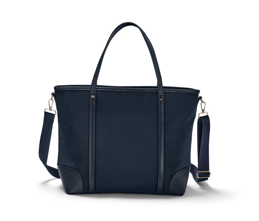 Eine marineblaue Shopper-Tasche mit Griffen und Schulterriemen.
