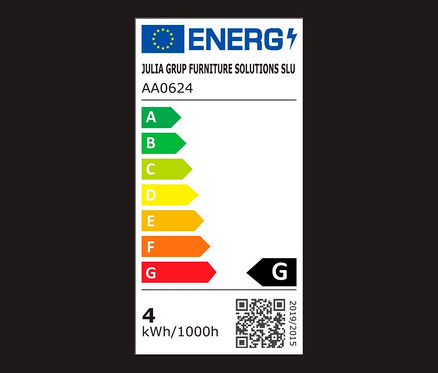 Energieetikett mit den Klassen A bis G und QR-Code.