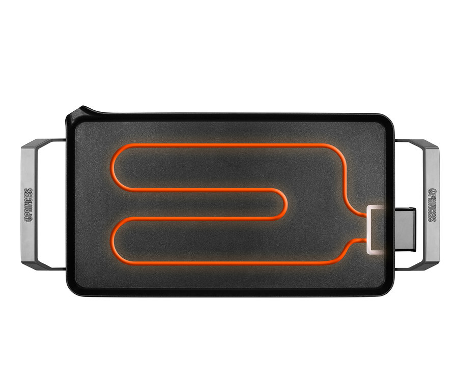 Detailaufnahme von einem Teppanyaki-Tischgrill mit einem schlangenförmigen Heizelement.