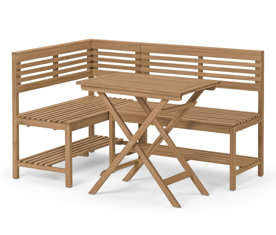 Eine braune Eck-Essbank »Lenja« und ein Klapptisch aus Holz.