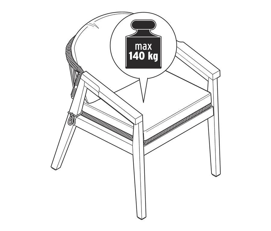 Zeichnung von einem Dining-Sessel mit runder Rückenlehne und Textilgeflecht, maximale Belastbarkeit 140 kg.