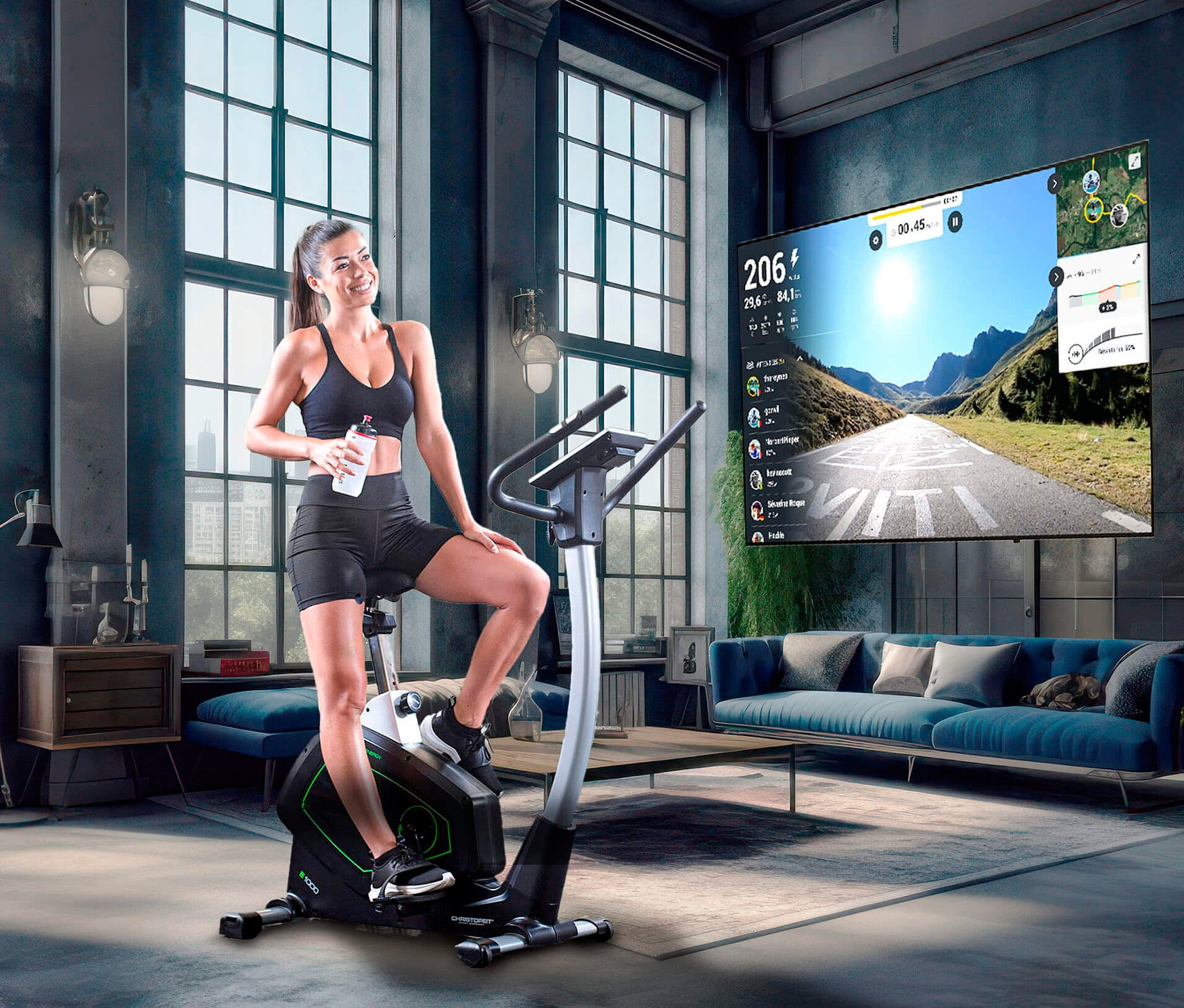 Frau hält eine Wasserflasche und trainiert auf dem Christopeit Sport-Eco-Heimtrainer-Ergometer »EMT 2400«.