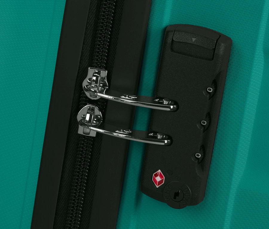 Detailansicht eines sportlich-türkisen American Tourister »Jetdriver 3.0« Koffers mit schwarzem Reißverschluss und Zahlenschloss.