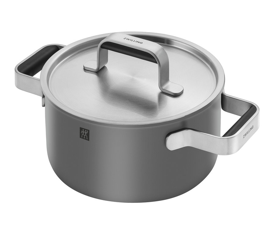 Detailansicht eines grauen ZWILLING PURE Edelstahl-Kochgeschirr-Topfs mit Deckel.