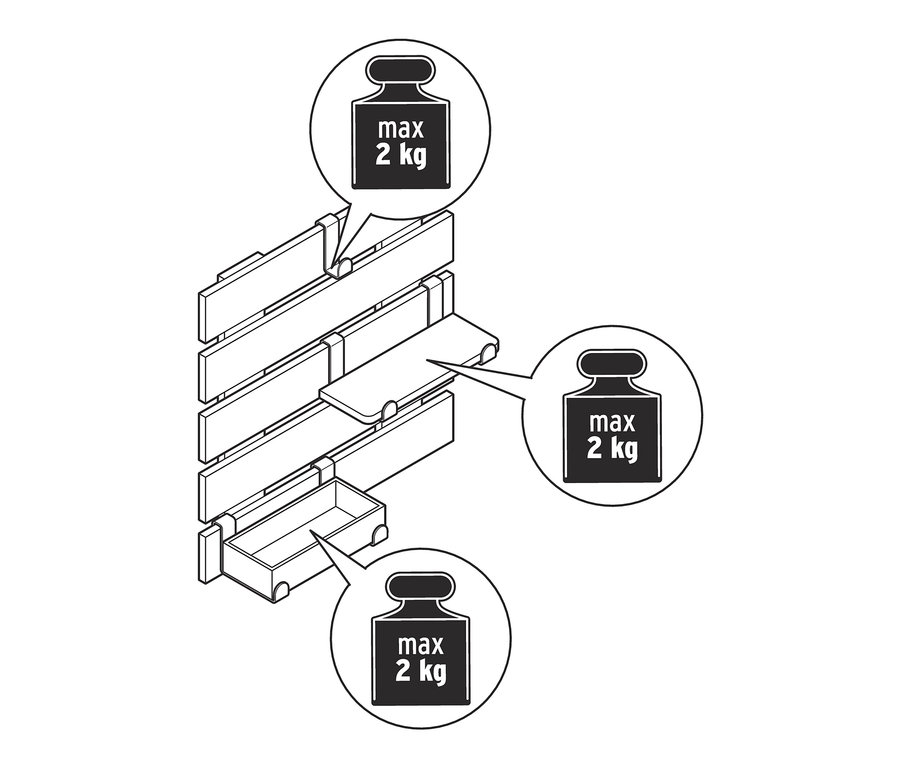 Illustration eines Wandregals mit flexiblen Haken und Boden, maximale Traglast 2 kg.